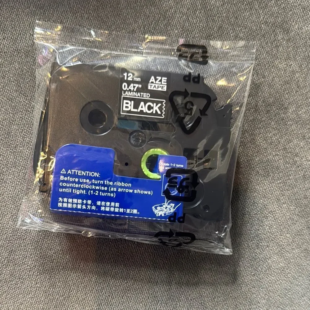Label Maker Tape Black 12mm .47” Set of 8 Compatible with Brother P-Touch